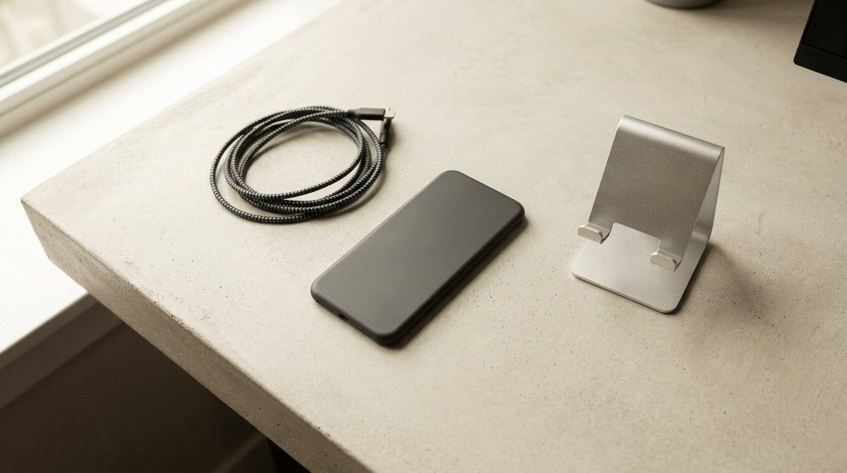 Phone face down on a desk with charging cable