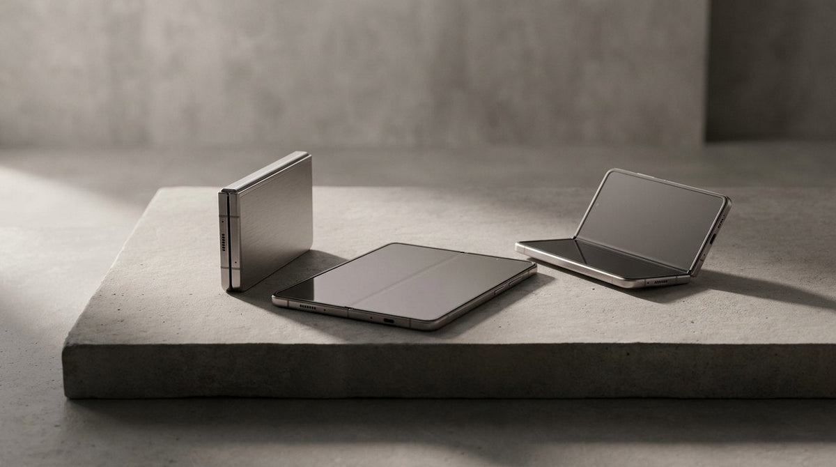 Three folding phones open, half folded and closed