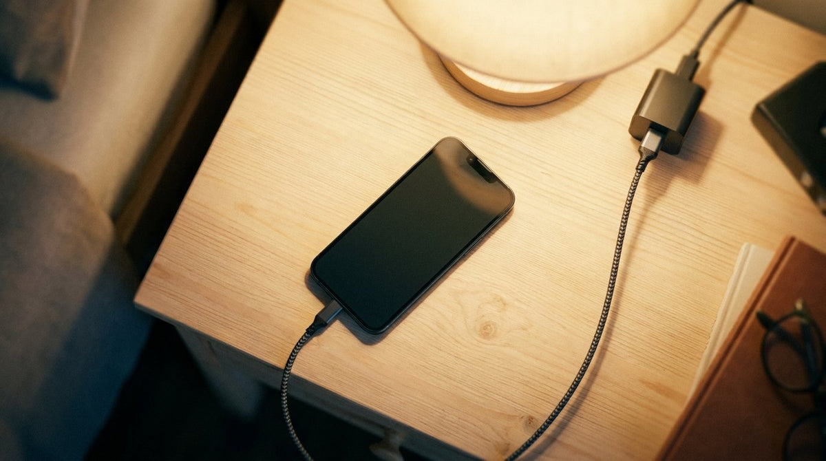 Phone charging on a wooden nightstand at night