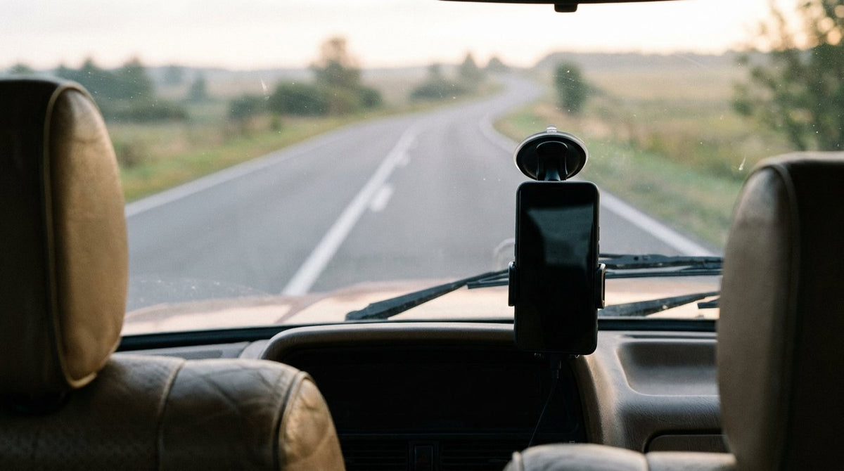 Phone on suction mount low on a windshield