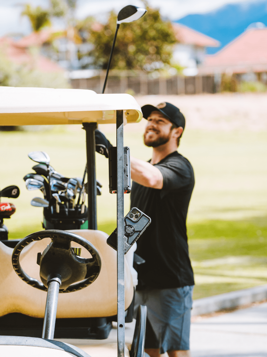 Golfer and golf cart at the driving range with text overlayed saying 10 best yoga stretches for golf