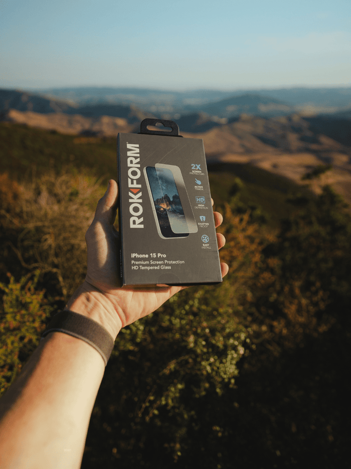 Rokform’s iPhone 15 Pro Tempered Glass Screen Protector 2 pack.