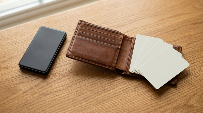 Slim tracker card beside open wallet and payment cards