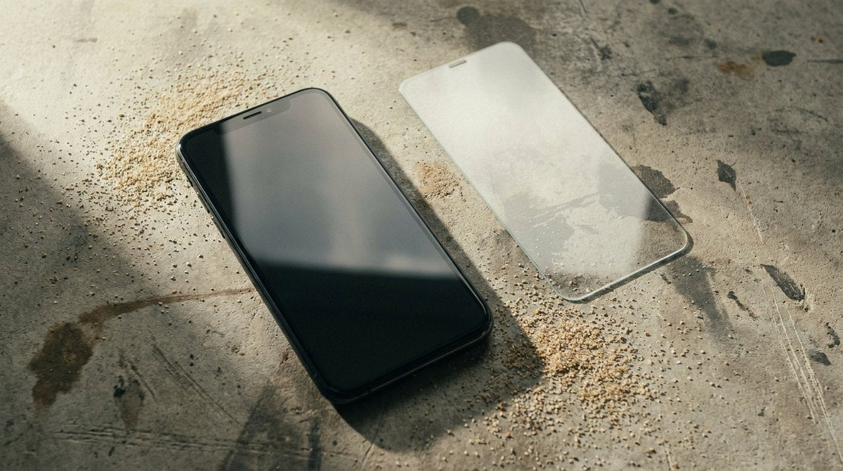 Phone on a concrete bench beside sand grains