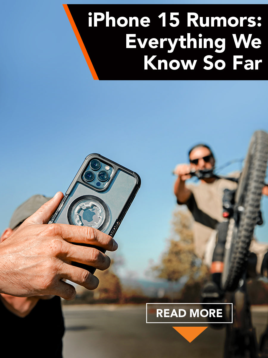 Man holding iPhone with ROKFORM Crystal Case in front of mountain biker doing a wheelie