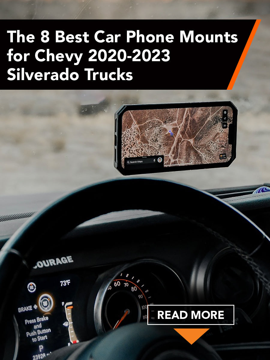 Interior of car with steering wheel and ROKFORM windshield mount with title 'The 8 Best Car Phone Mounts for Chevy 20202-2023 Silverado Trucks'