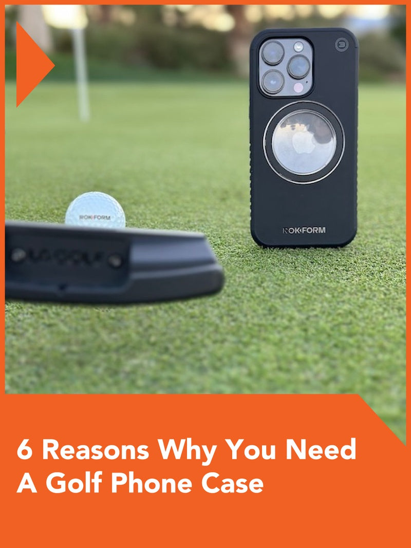 Featured image of ROKFORM Eagle 3™ golf phone case on iPhone 14 Pro, golf ball, and putter.