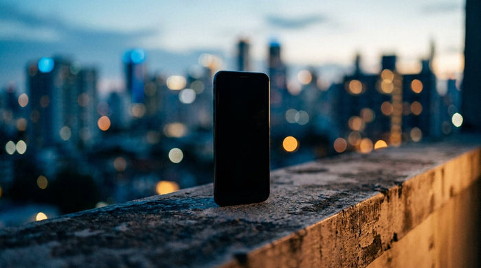 Smartphone standing on a concrete ledge at dusk.