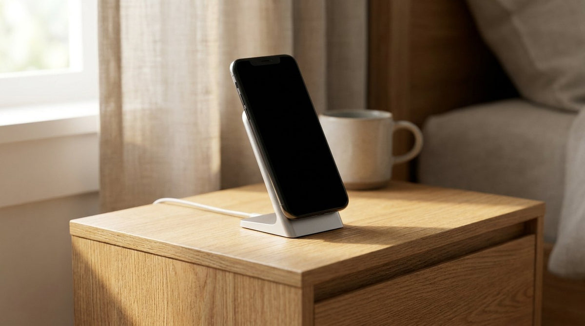Phone resting on a magnetic charging stand