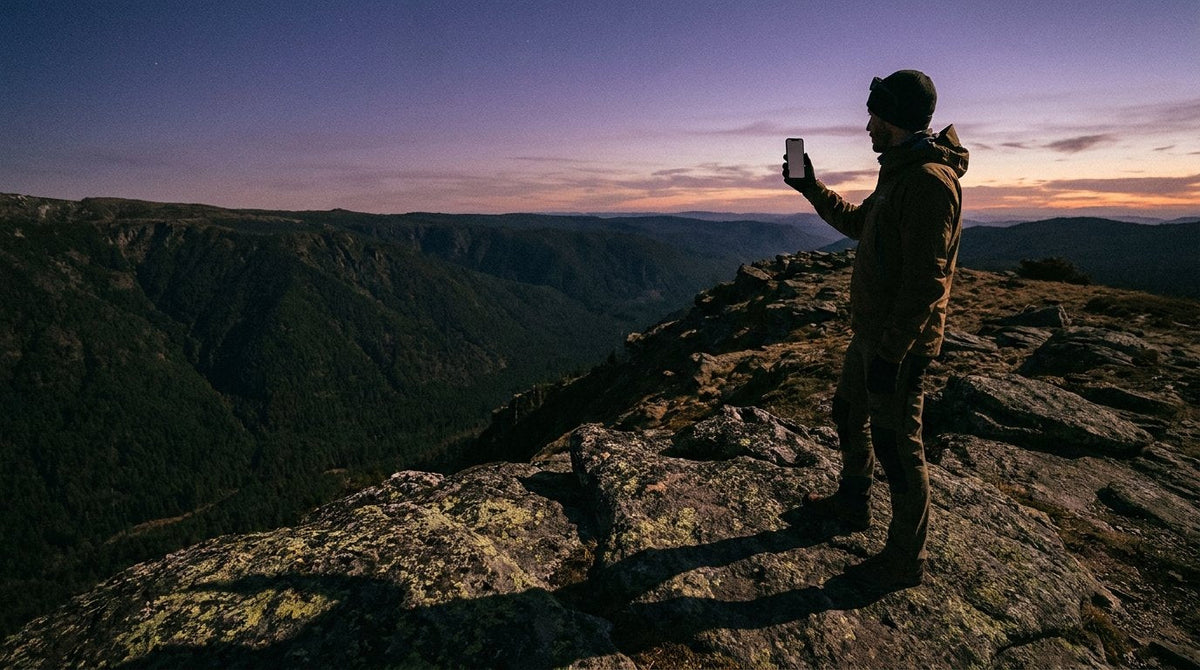 Hiker on ridge holding phone toward clear sky.
