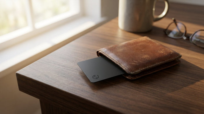Slim tracking card sliding out of a leather wallet