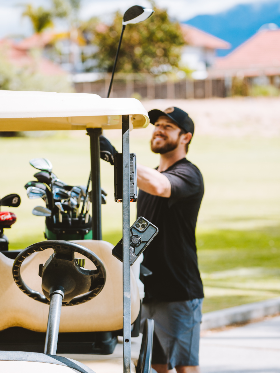 Golfer and golf cart at the driving range with text overlayed saying 10 best yoga stretches for golf 