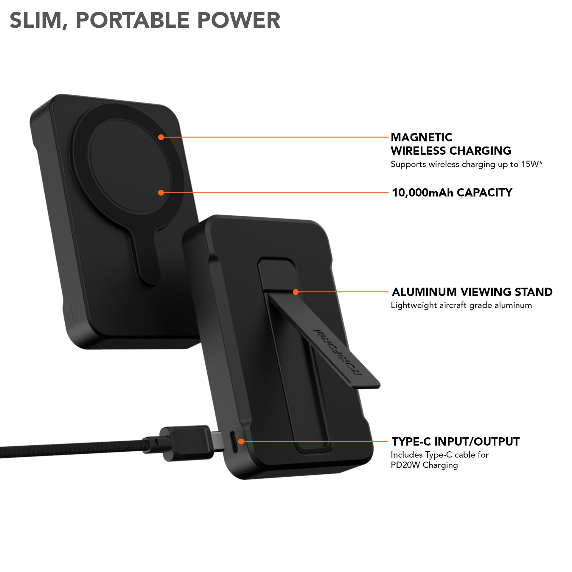 10000mAh Wireless Magnetic Power Bank with Stand Slim and Portable Power