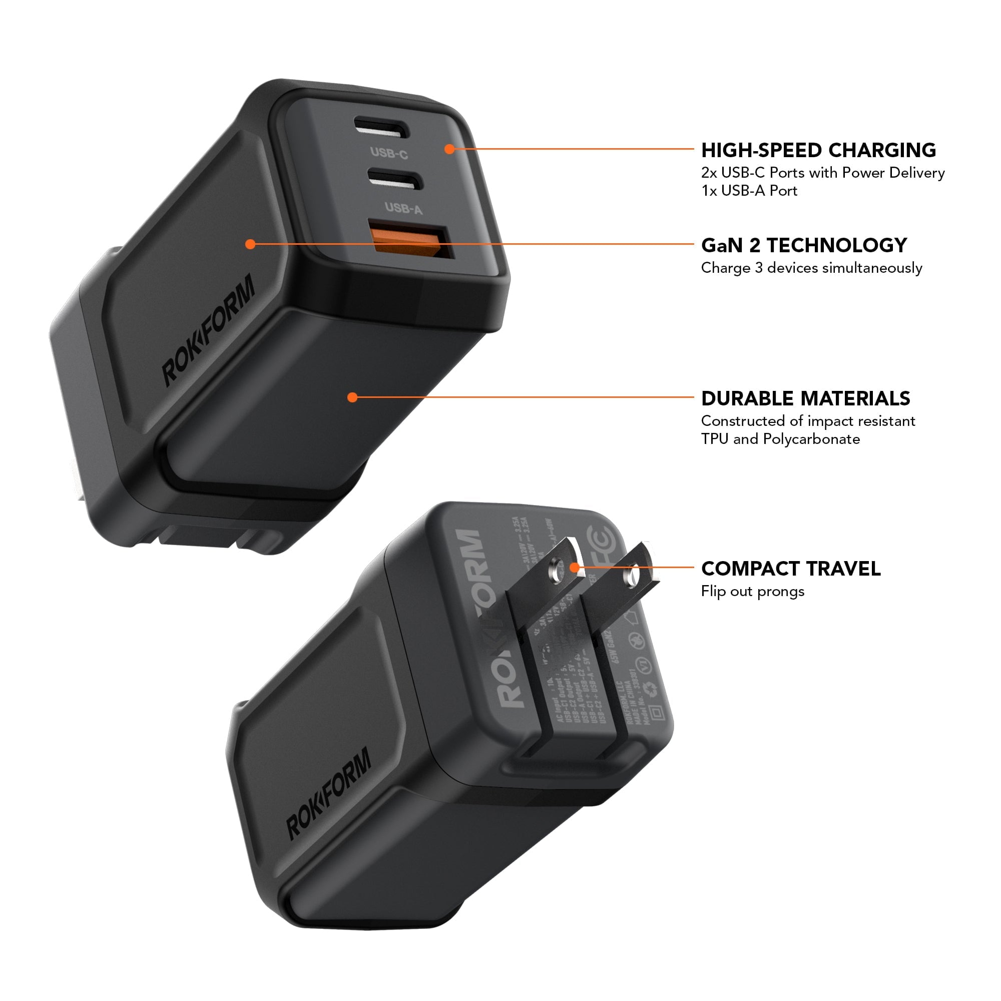 65W Dual Port USB-C and USB-A Power Adapter