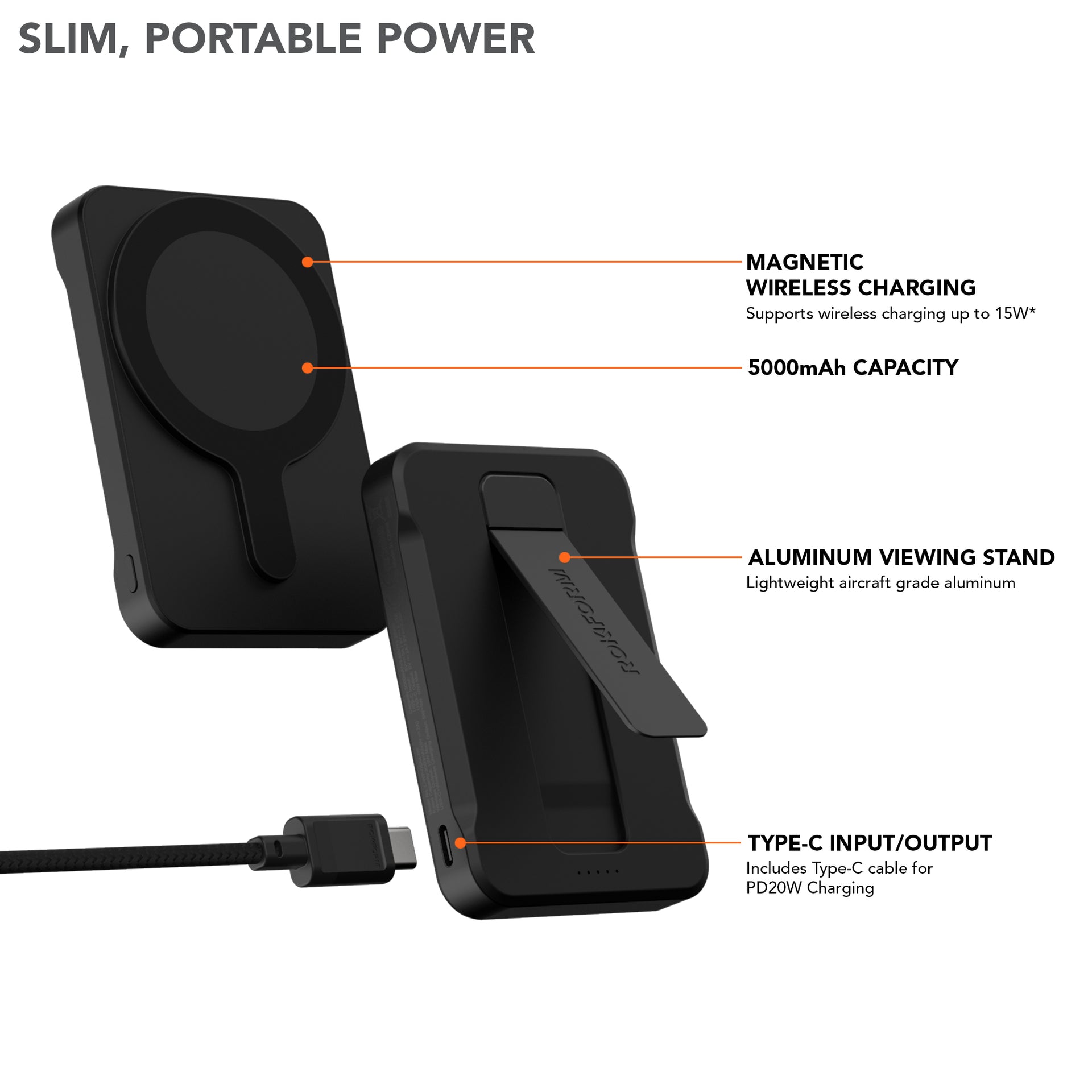 5000mAh Wireless Magnetic Powerbank with Stand and Slim Portable Power
