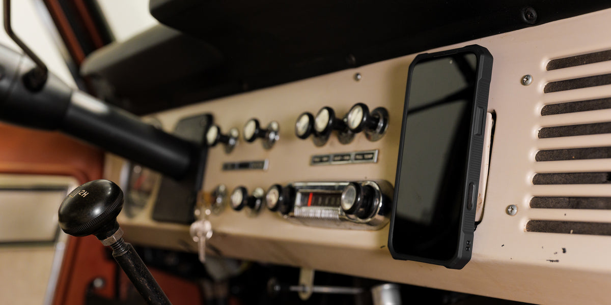 iPhone in a Rokform Rugged Case magnetically mounted in a Ford Bronco