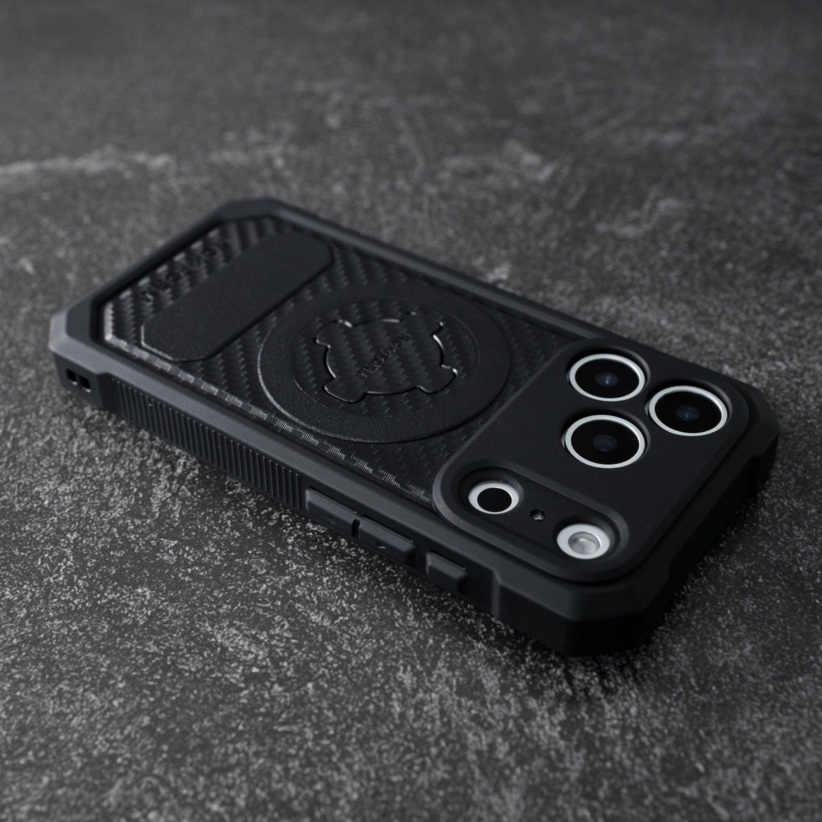 Studio view of the black Rokform Rugged Case for iPhone