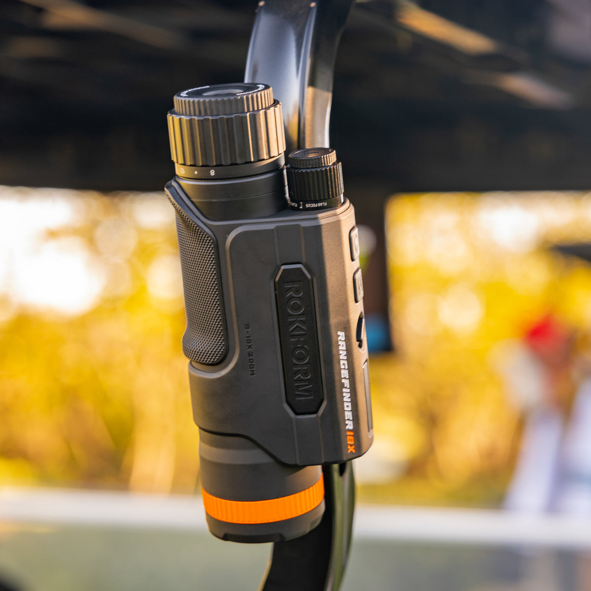 Rokform Rangefinder magnetically attached to golf cart